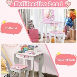 Coiffeuse Enfant Fille, Table de Maquillage avec Tabouret et Miroir Amovible, Table Fille Motif Licorne avec Tiroir 49X34X89,5CM