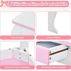 Coiffeuse Enfant Fille, Table de Maquillage avec Tabouret et Miroir Amovible, Table Fille Motif Licorne avec Tiroir 49X34X89,5CM