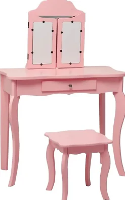 Coiffeuse Enfant Fille, Table de Maquillage avec Tabouret et Miroir Amovible à 3 Volets Pliables, 70x35x105 cm