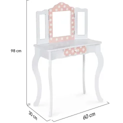 Coiffeuse enfant ROZA blanche et rose avec 3 miroirs et tabouret