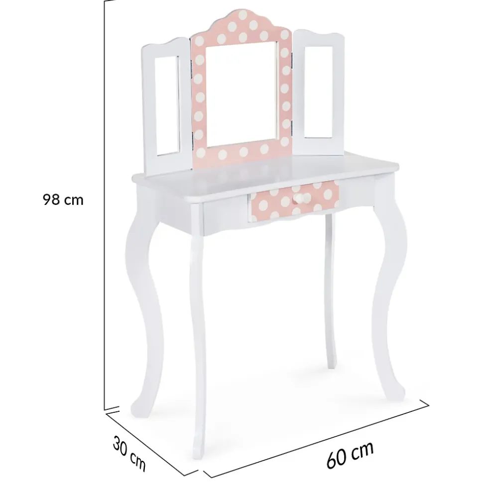 Coiffeuse enfant ROZA blanche et rose avec 3 miroirs et tabouret
