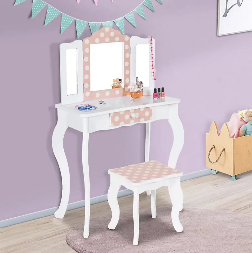 Coiffeuse enfant ROZA blanche et rose avec 3 miroirs et tabouret
