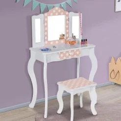 Coiffeuse enfant ROZA blanche et rose avec 3 miroirs et tabouret