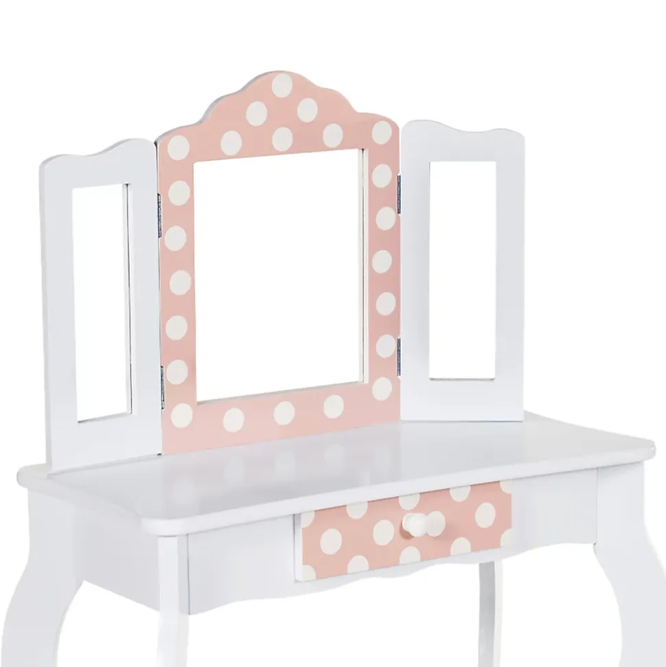 Coiffeuse enfant ROZA blanche et rose avec 3 miroirs et tabouret