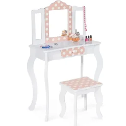Coiffeuse enfant ROZA blanche et rose avec 3 miroirs et tabouret