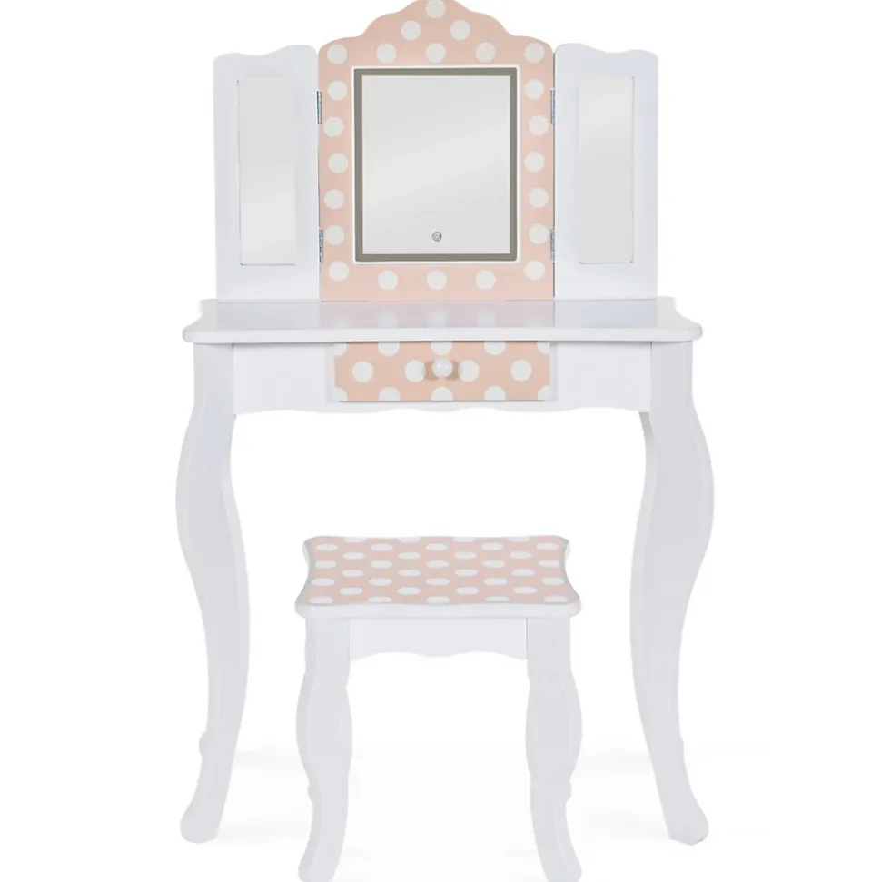 Coiffeuse enfant ROZA LED blanche et rose avec 3 miroirs et tabouret