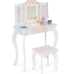 Coiffeuse enfant ROZA LED blanche et rose avec 3 miroirs et tabouret