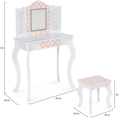 Coiffeuse enfant ROZA LED blanche et rose avec 3 miroirs et tabouret