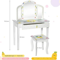 Coiffeuse Enfant Table de Maquillage avec Miroir Triptyque et Tabouret Charge 50KG pour Enfants 3 Ans Ananas