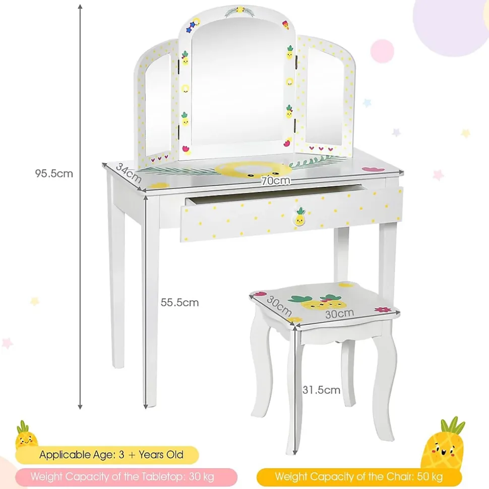 Coiffeuse Enfant Table de Maquillage avec Miroir Triptyque et Tabouret Charge 50KG pour Enfants 3 Ans Ananas