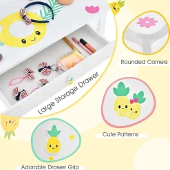 Coiffeuse Enfant Table de Maquillage avec Miroir Triptyque et Tabouret Charge 50KG pour Enfants 3 Ans Ananas