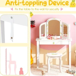 Coiffeuse Enfant Table de Maquillage avec Miroir Triptyque et Tabouret Charge 50KG pour Enfants 3 Ans Ananas