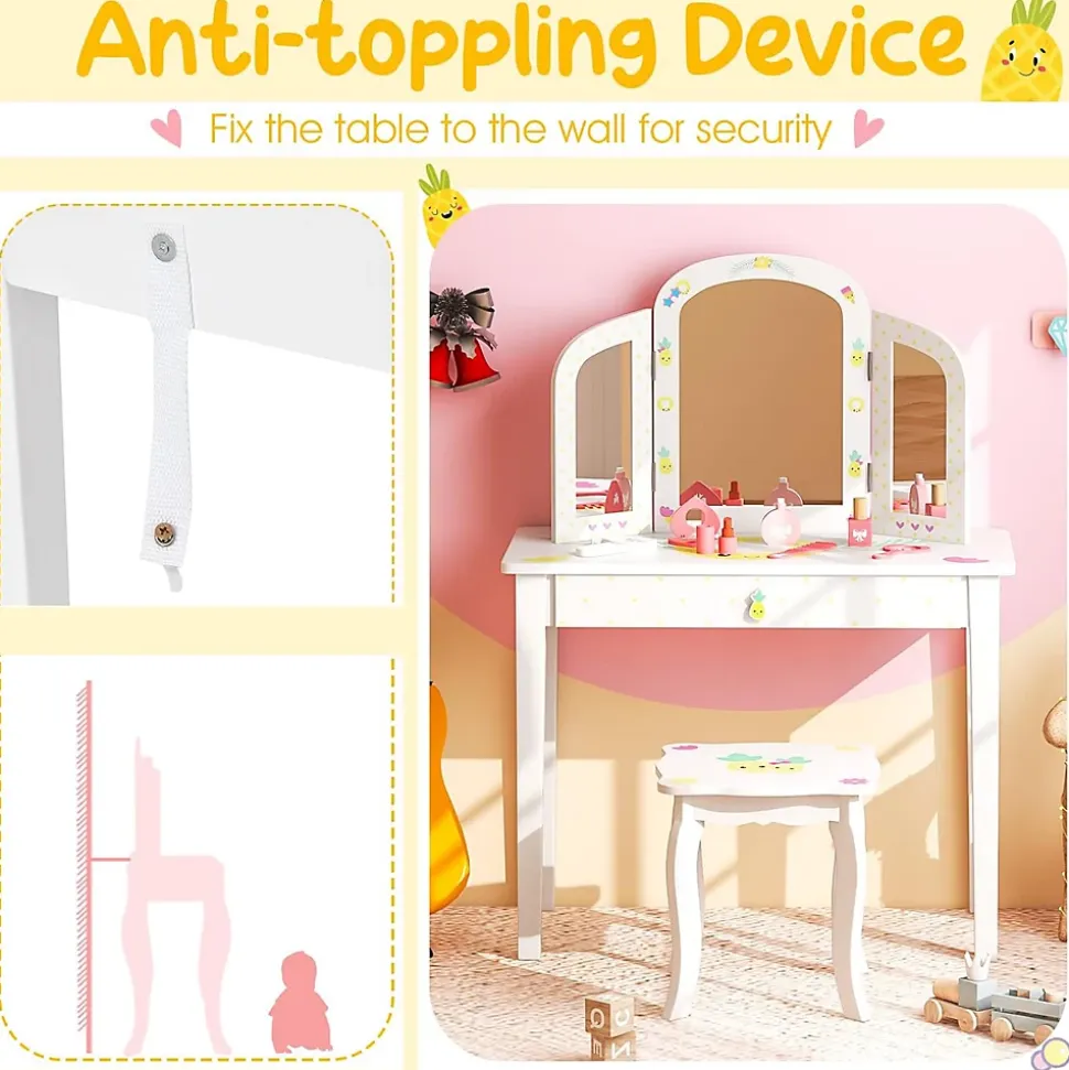 Coiffeuse Enfant Table de Maquillage avec Miroir Triptyque et Tabouret Charge 50KG pour Enfants 3 Ans Ananas
