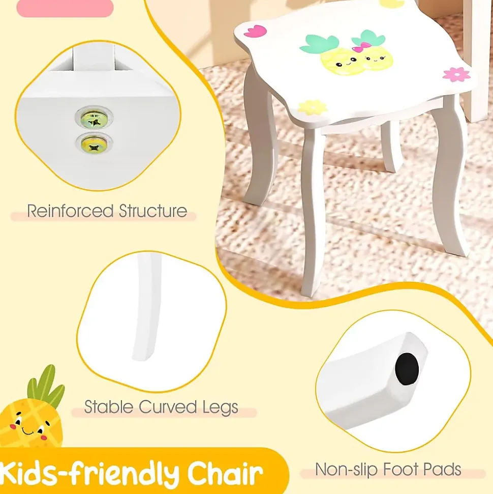 Coiffeuse Enfant Table de Maquillage avec Miroir Triptyque et Tabouret Charge 50KG pour Enfants 3 Ans Ananas