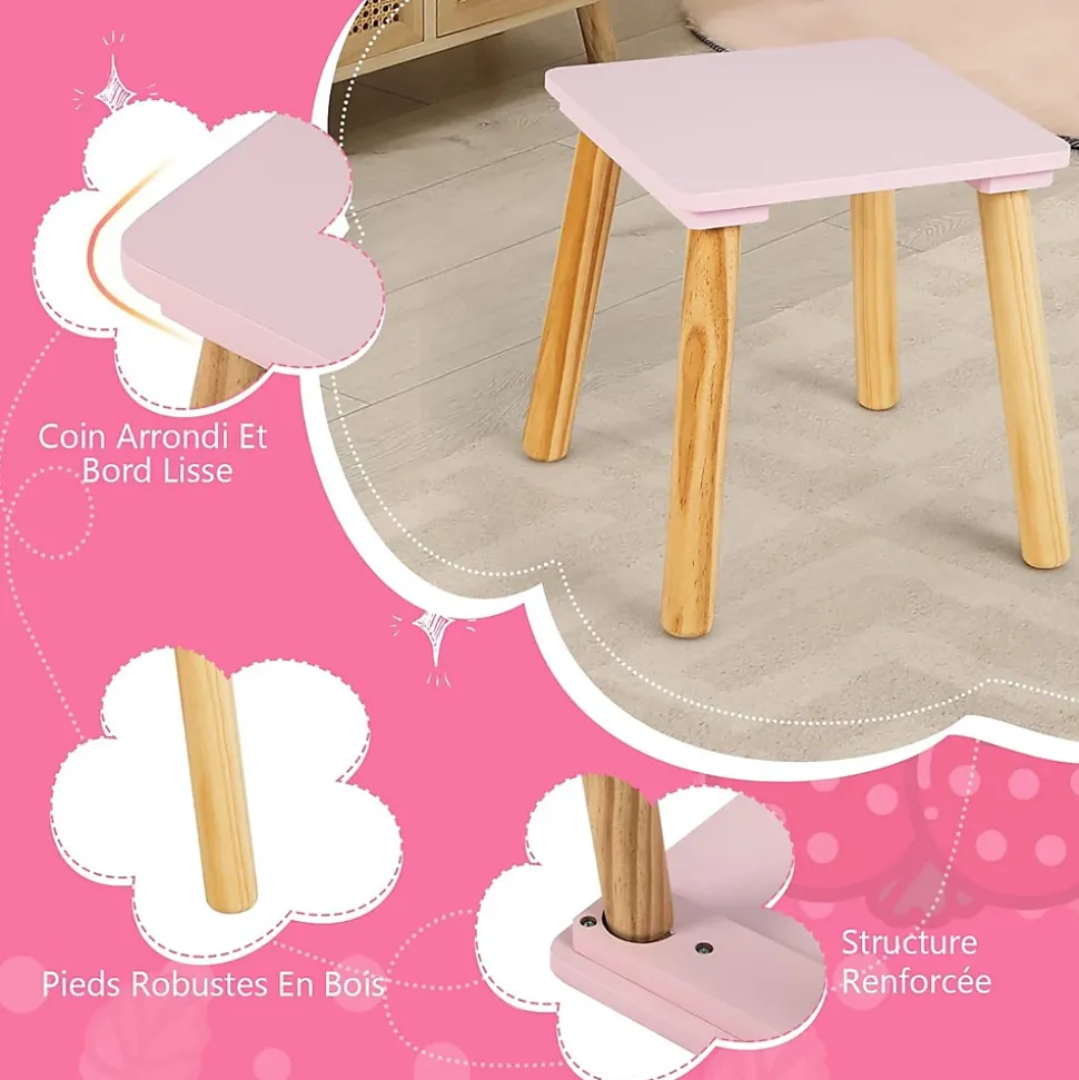 Coiffeuse Ensemble Coiffeuse et Chaise avec Miroir en Forme de Fraise Détachable Table de Maquillage avec Coins Arrondis