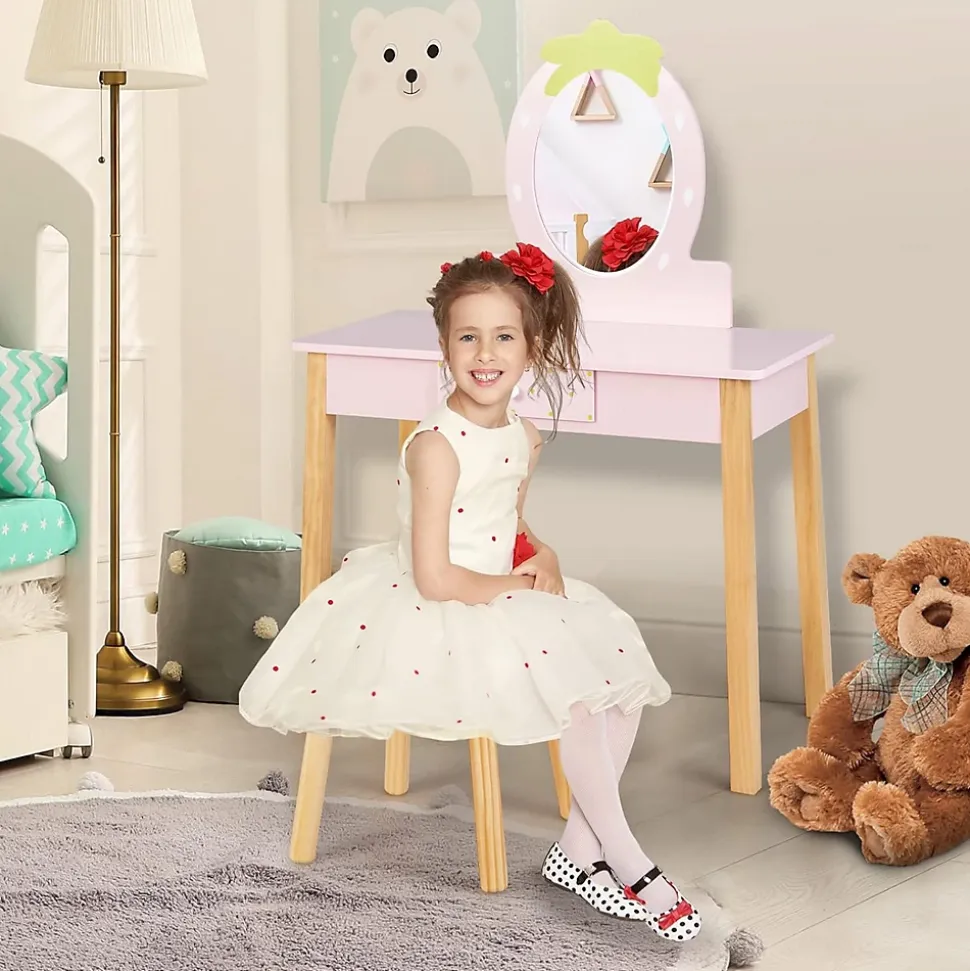 Coiffeuse Ensemble Coiffeuse et Chaise avec Miroir en Forme de Fraise Détachable Table de Maquillage avec Coins Arrondis