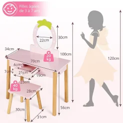 Coiffeuse Ensemble Coiffeuse et Chaise avec Miroir en Forme de Fraise Détachable Table de Maquillage avec Coins Arrondis