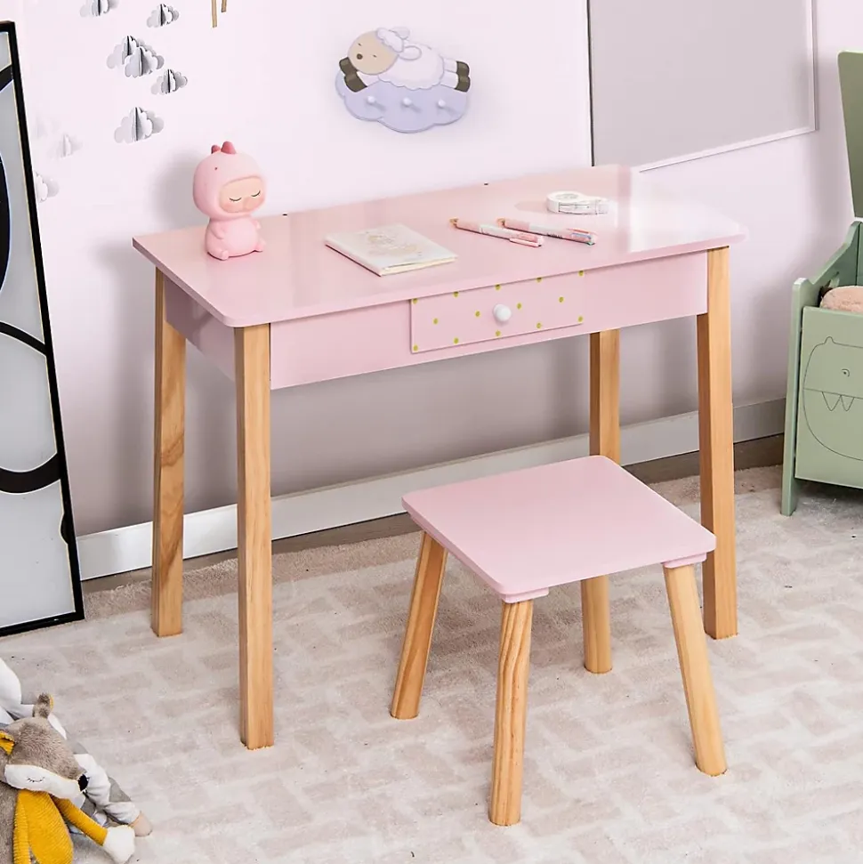 Coiffeuse Ensemble Coiffeuse et Chaise avec Miroir en Forme de Fraise Détachable Table de Maquillage avec Coins Arrondis