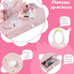 Coiffeuse Ensemble Coiffeuse et Chaise avec Miroir en Forme de Fraise Détachable Table de Maquillage avec Coins Arrondis