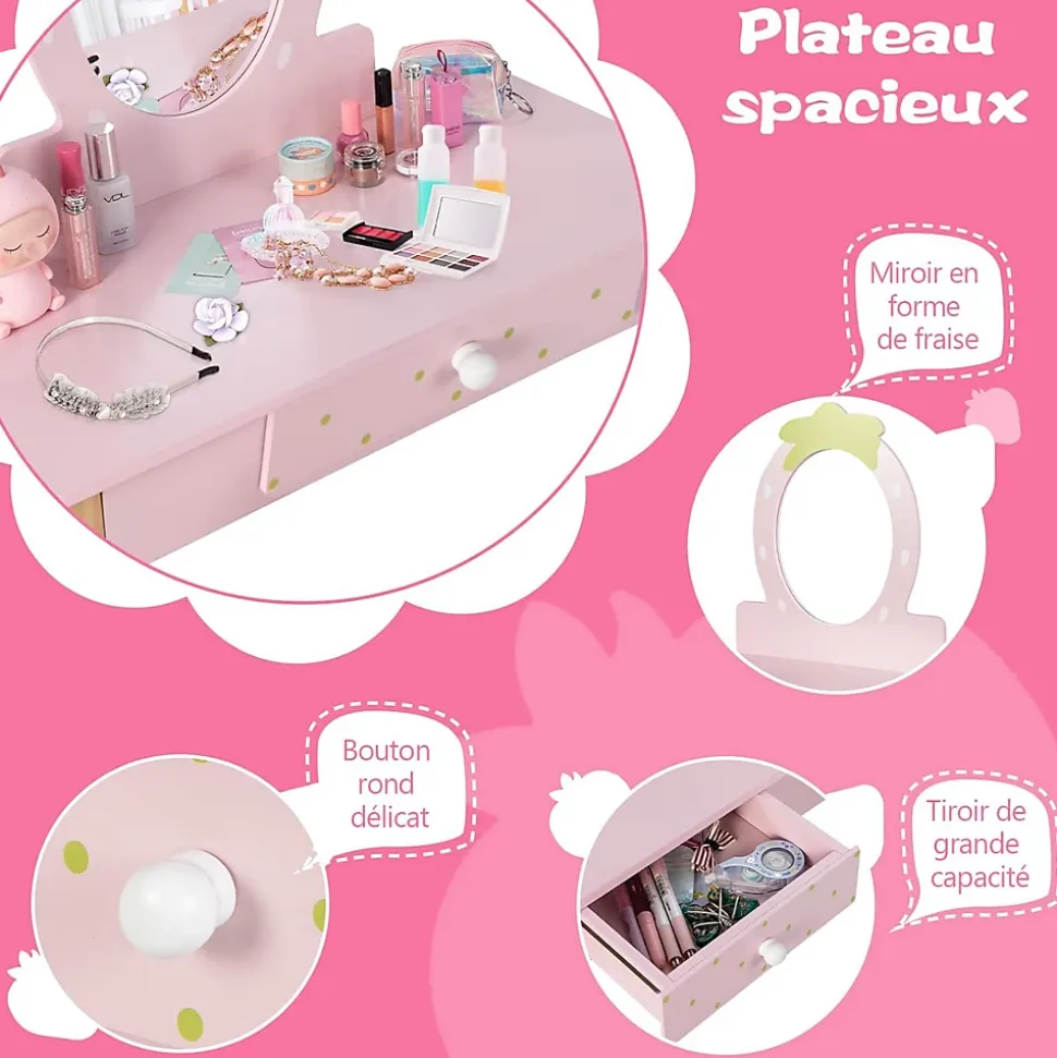 Coiffeuse Ensemble Coiffeuse et Chaise avec Miroir en Forme de Fraise Détachable Table de Maquillage avec Coins Arrondis