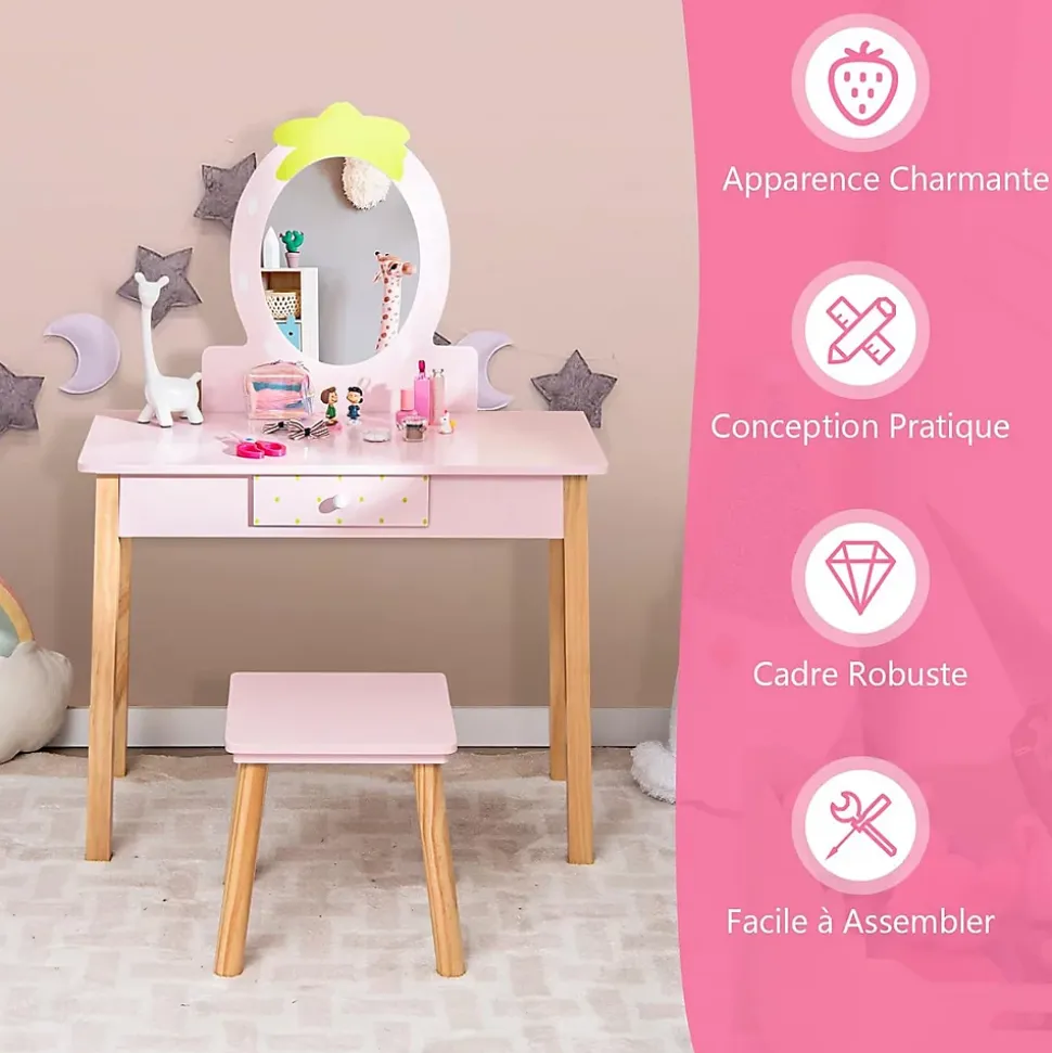 Coiffeuse Ensemble Coiffeuse et Chaise avec Miroir en Forme de Fraise Détachable Table de Maquillage avec Coins Arrondis