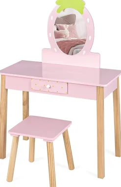 Coiffeuse Ensemble Coiffeuse et Chaise avec Miroir en Forme de Fraise Détachable Table de Maquillage avec Coins Arrondis