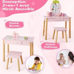 Coiffeuse Ensemble Coiffeuse et Chaise avec Miroir en Forme de Fraise Détachable Table de Maquillage avec Coins Arrondis