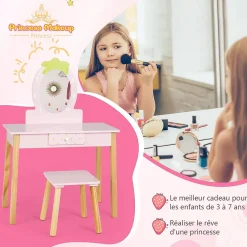 Coiffeuse Ensemble Coiffeuse et Chaise avec Miroir en Forme de Fraise Détachable Table de Maquillage avec Coins Arrondis