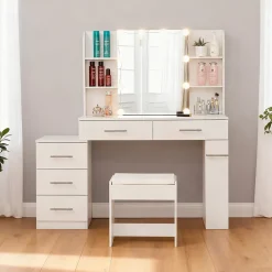 Coiffeuse LED Professionnelle- Miroir Coulissant avec Compartiment Caché, 5 Tiroirs & Étagères