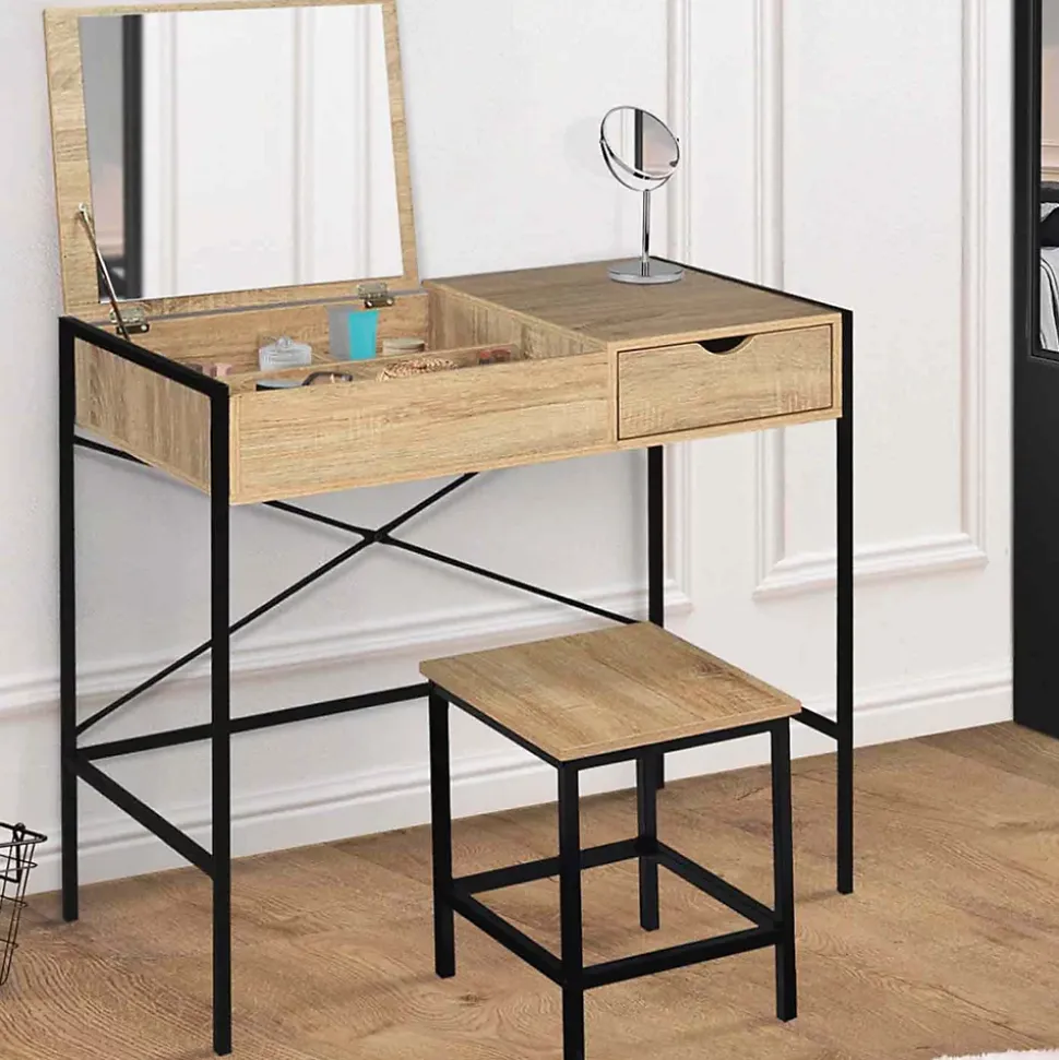 Coiffeuse LUIS miroir rabattable avec tabouret design industriel