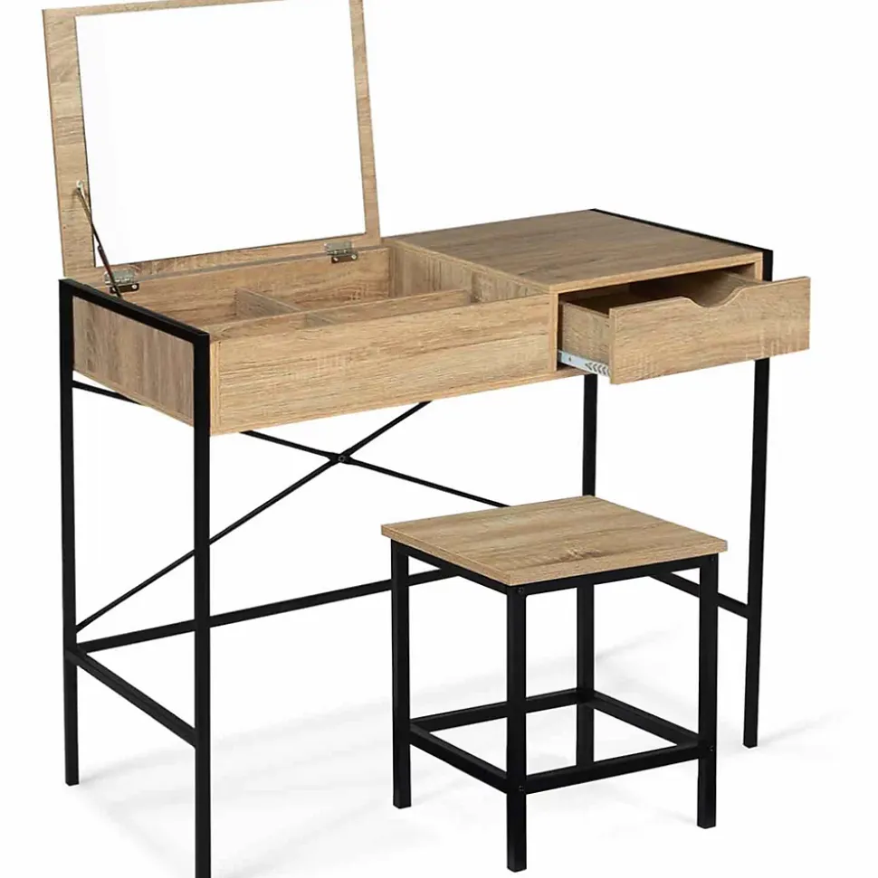 Coiffeuse LUIS miroir rabattable avec tabouret design industriel