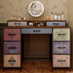 Coiffeuse, meuble avec 9 tiroirs, plateau en bois, pieds réglables et système anti-basculement, 212x40x91.2 cm, Multicolore