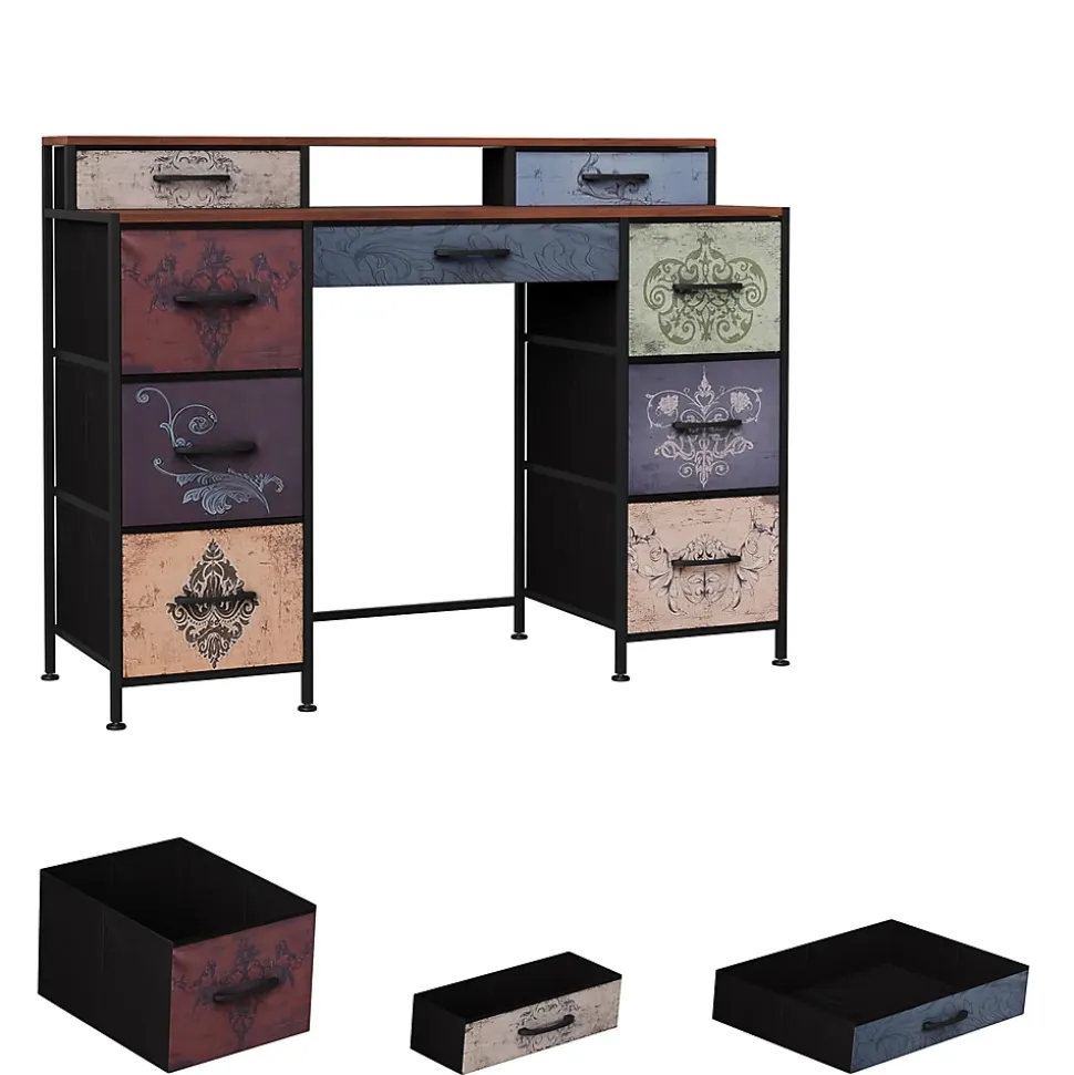 Coiffeuse, meuble avec 9 tiroirs, plateau en bois, pieds réglables et système anti-basculement, 212x40x91.2 cm, Multicolore