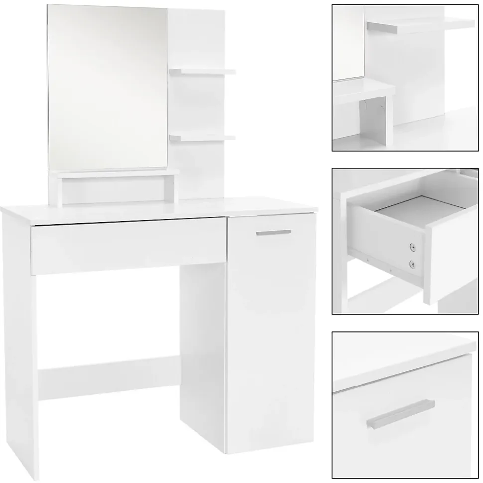 Coiffeuse moderne avec miroir + tabouret de maquillage en MDF blanc 90x38x138 cm