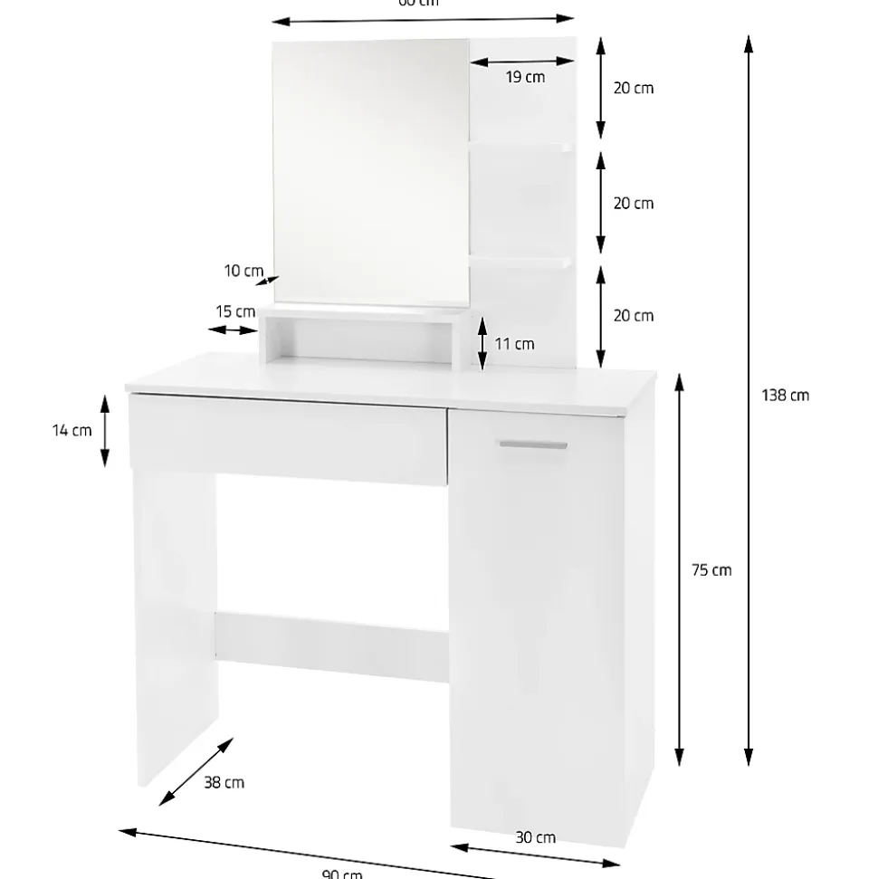 Coiffeuse moderne avec miroir + tabouret de maquillage en MDF blanc 90x38x138 cm
