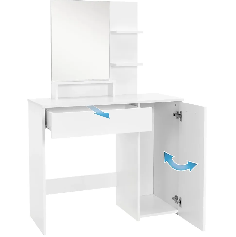 Coiffeuse moderne avec miroir + tabouret de maquillage en MDF blanc 90x38x138 cm
