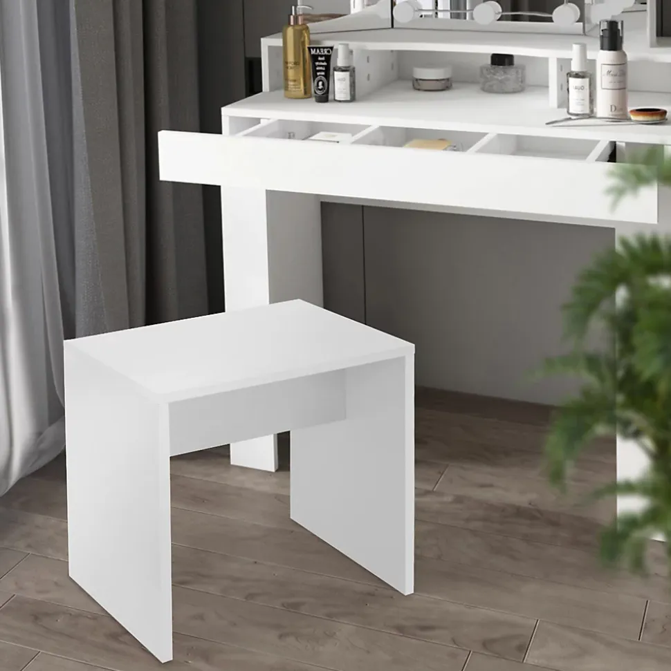Coiffeuse moderne avec miroir + tabouret de maquillage en MDF blanc 90x38x138 cm