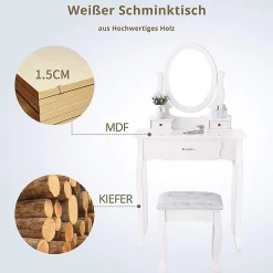 Coiffeuse moderne pour filles, ensemble de table de maquillage avec 3 tiroirs et miroir ovale à 360, tabouret rembourré