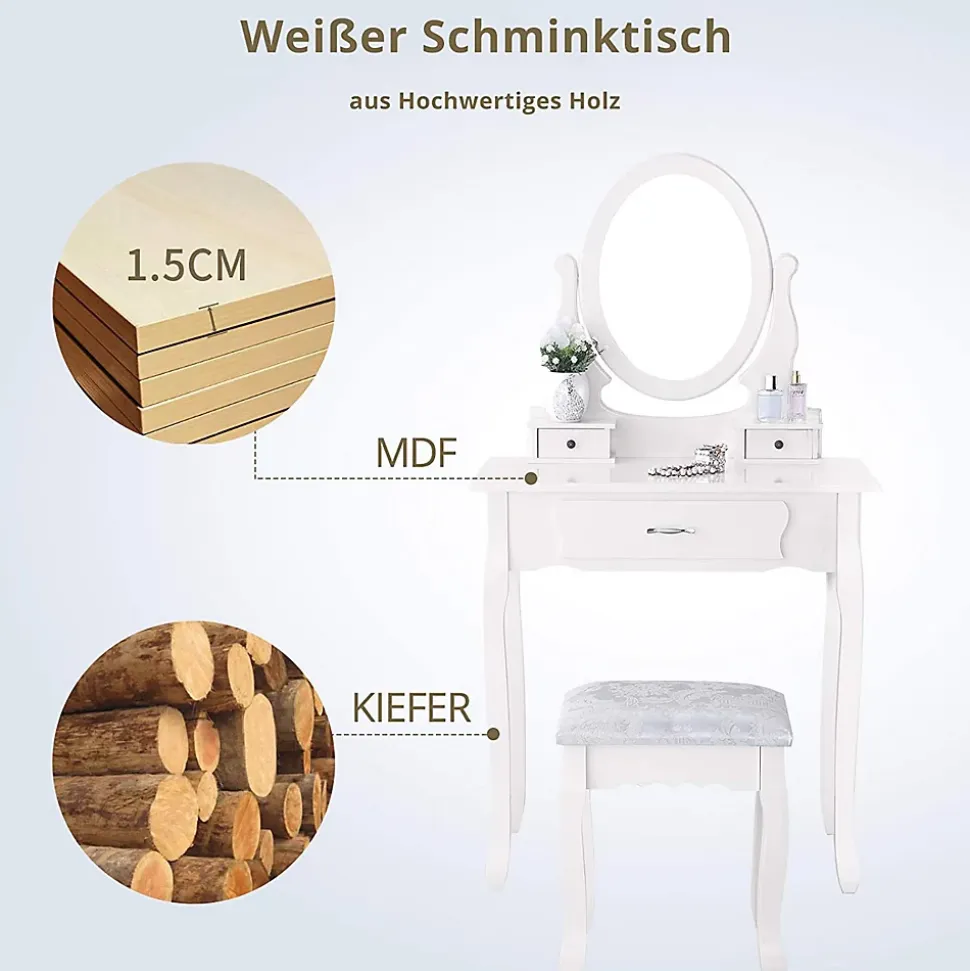 Coiffeuse moderne pour filles, ensemble de table de maquillage avec 3 tiroirs et miroir ovale à 360, tabouret rembourré