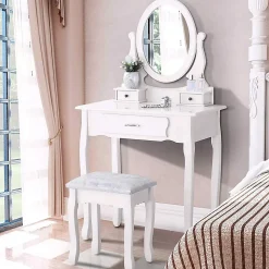 Coiffeuse moderne pour filles, ensemble de table de maquillage avec 3 tiroirs et miroir ovale à 360, tabouret rembourré