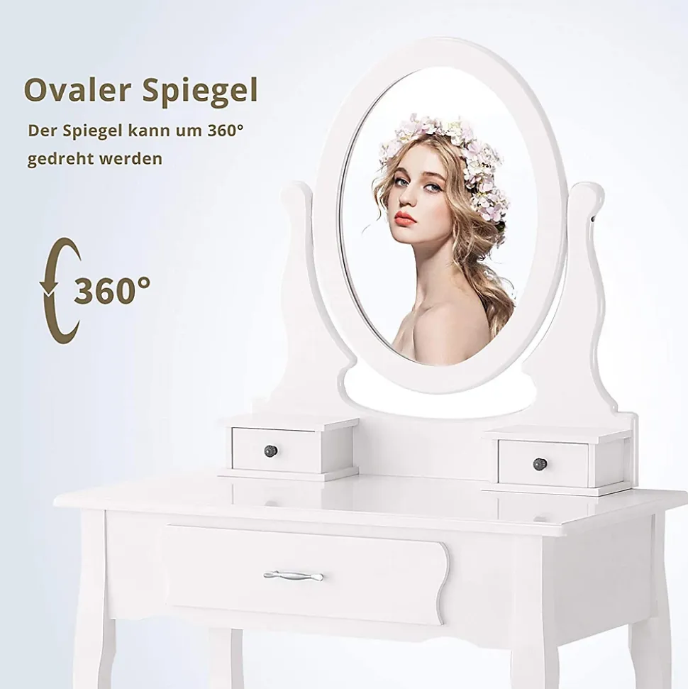 Coiffeuse moderne pour filles, ensemble de table de maquillage avec 3 tiroirs et miroir ovale à 360, tabouret rembourré