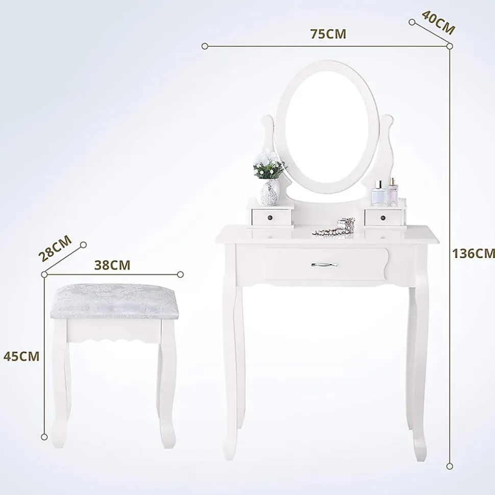 Coiffeuse moderne pour filles, ensemble de table de maquillage avec 3 tiroirs et miroir ovale à 360, tabouret rembourré