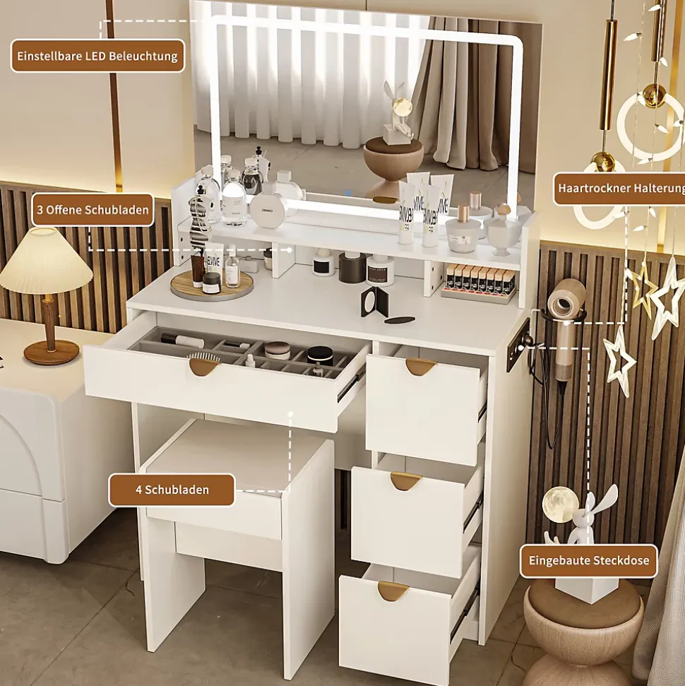 Coiffeuse multifonctionnelle avec USB et LED, Miroir, Tabouret, 4 Tiroirs, 3 Compartiments et Support, 90x40xH140 cm, Blanc