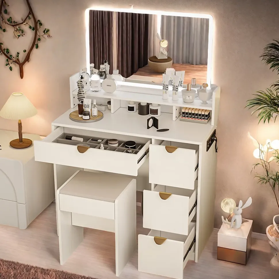 Coiffeuse multifonctionnelle avec USB et LED, Miroir, Tabouret, 4 Tiroirs, 3 Compartiments et Support, 90x40xH140 cm, Blanc