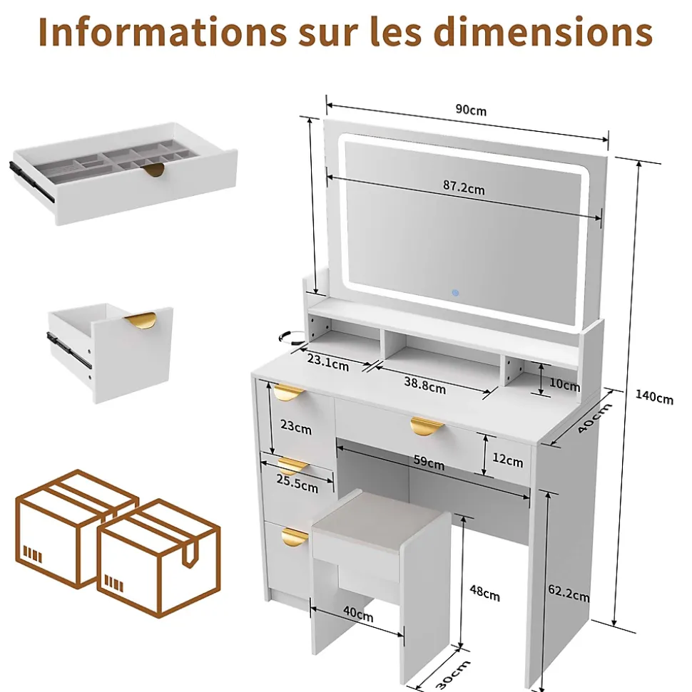 Coiffeuse multifonctionnelle avec USB et LED, Miroir, Tabouret, 4 Tiroirs, 3 Compartiments et Support, 90x40xH140 cm, Blanc