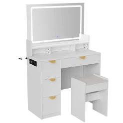 Coiffeuse multifonctionnelle avec USB et LED, Miroir, Tabouret, 4 Tiroirs, 3 Compartiments et Support, 90x40xH140 cm, Blanc
