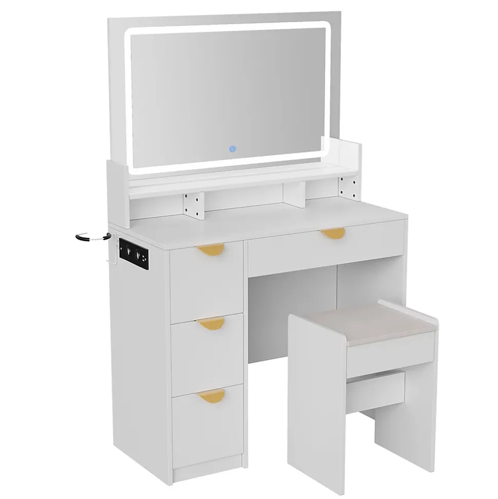 Coiffeuse multifonctionnelle avec USB et LED, Miroir, Tabouret, 4 Tiroirs, 3 Compartiments et Support, 90x40xH140 cm, Blanc