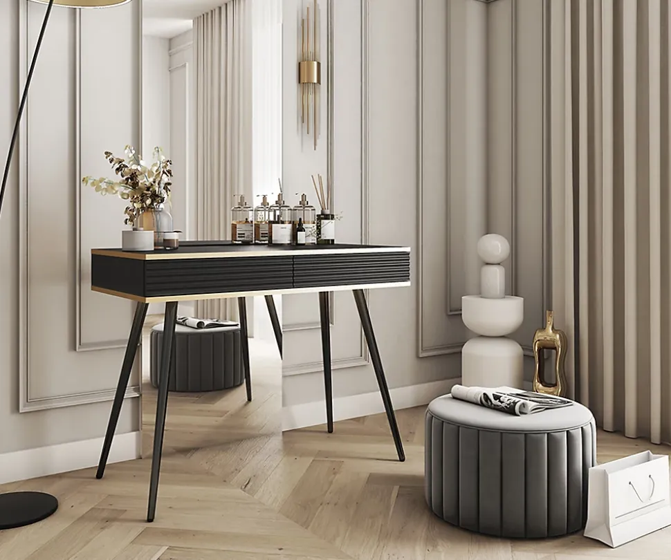 Coiffeuse noire glamour avec pieds noirs, 102 x 80 x 50