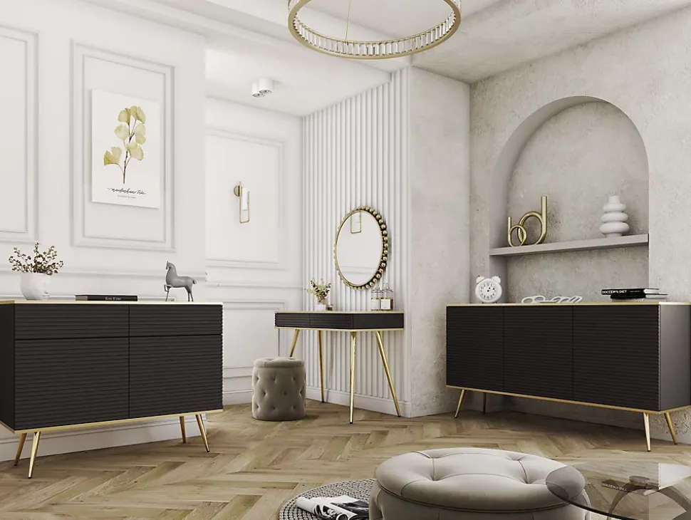 Coiffeuse noire glamour avec pieds dorés, 102 x 80 x 50