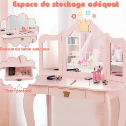 Coiffeuse pour Enfant 2 en 1, Table de Maquillage avec Tabouret et 3 Miroirs Amovibles, pour Enfants de 3-7 Ans (Rose)